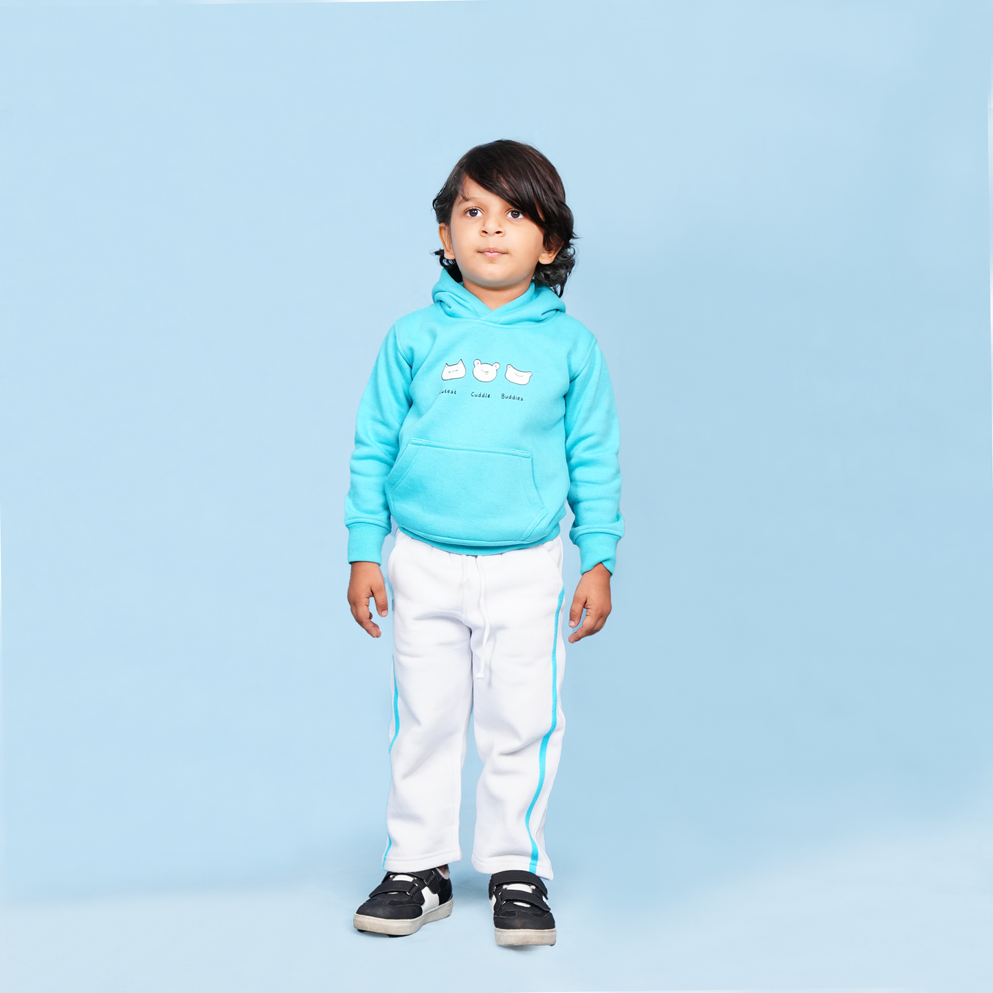 Cuddle Buddies Fleece Set – Aqua Hoodie & White Trouser