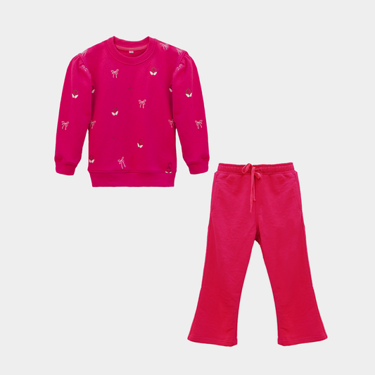Girls Hot Pink Terry Sweatshirt & Trouser Set
