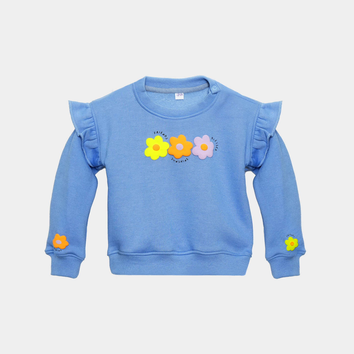 Bloom Blue Fleece Set – Puff Print Ruffle Sweatshirt & Bell-Bottom Trouser