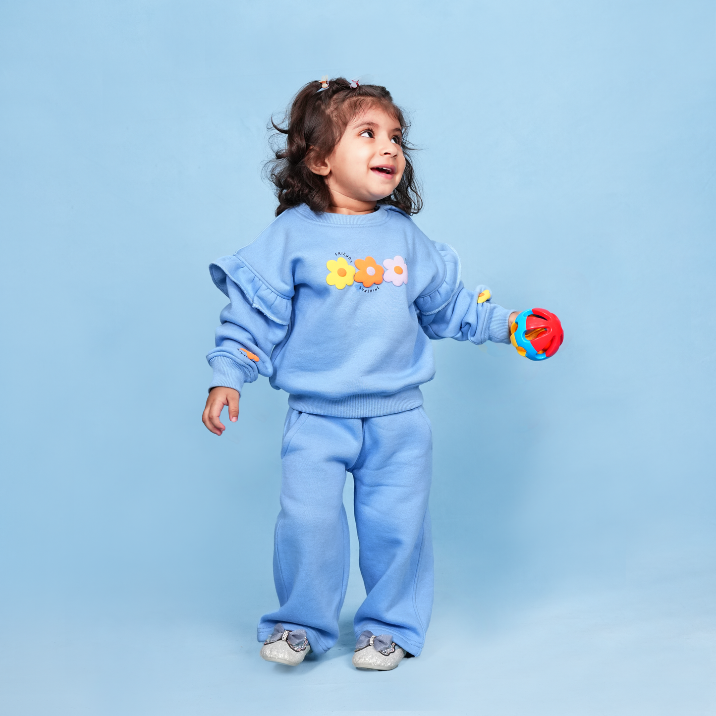 Bloom Blue Fleece Set – Puff Print Ruffle Sweatshirt & Bell-Bottom Trouser