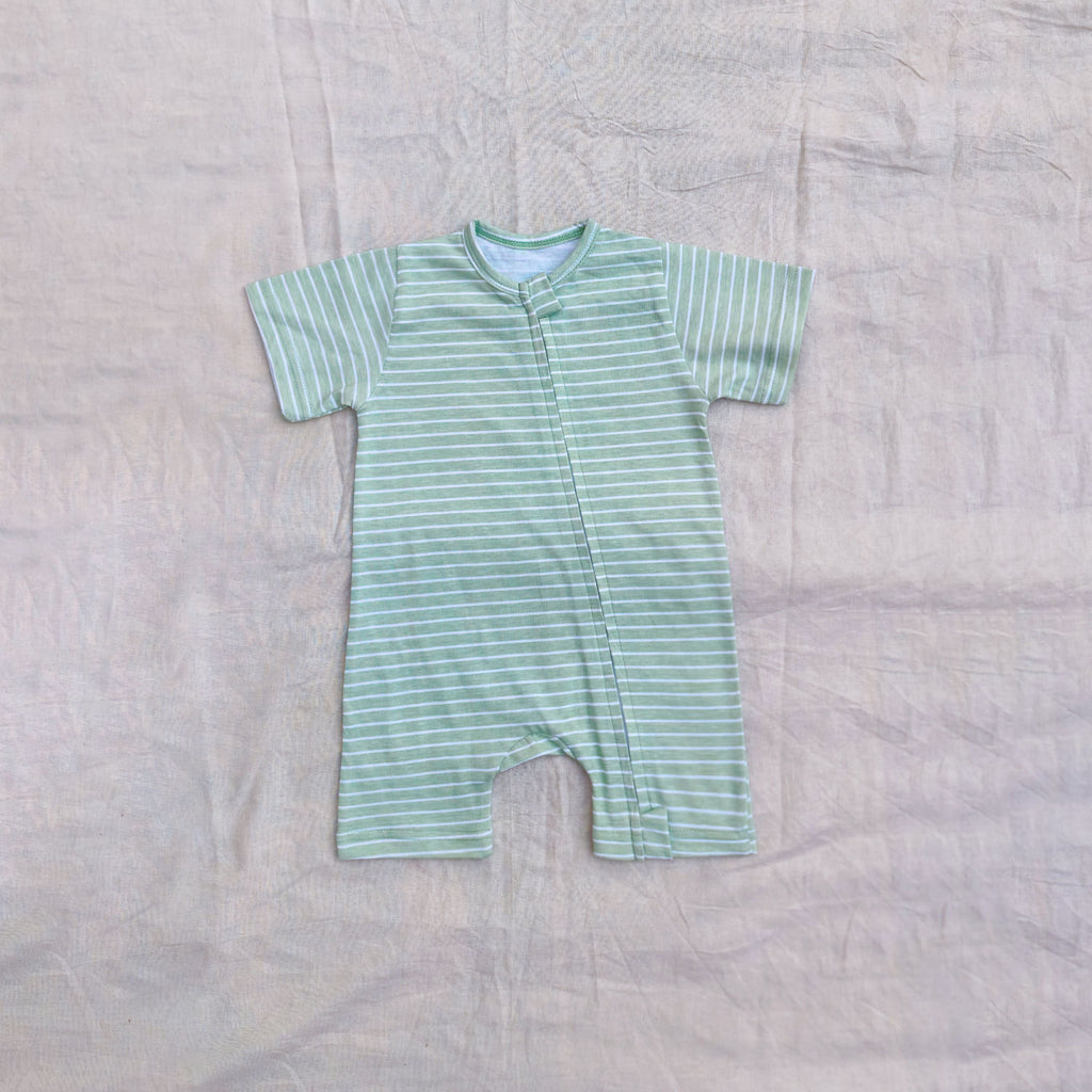 Green Strip Cotton Zip Half Romper