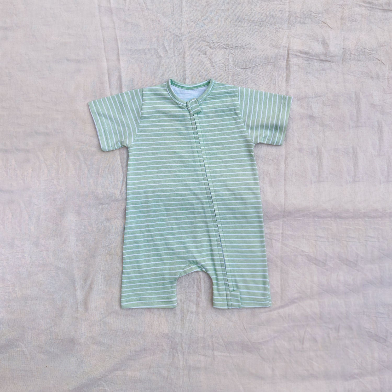 Green Strip Cotton Zip Half Romper