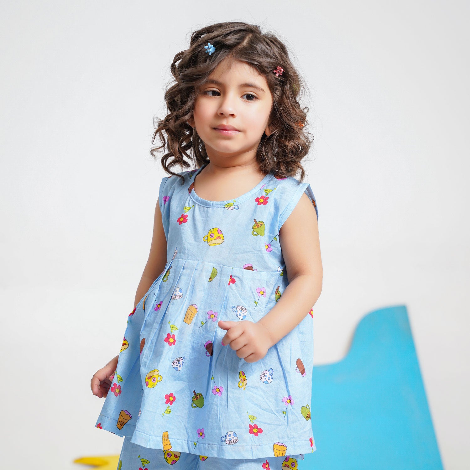 Blue Printed Top with Matching Capri Culotte Pants