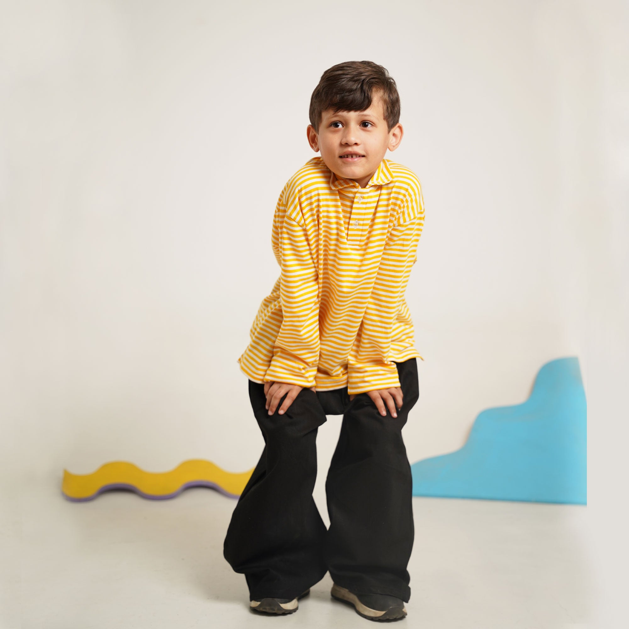 Yellow & Black Striped Co-Ord Set – Polo Shirt & Wide-Leg Trouser