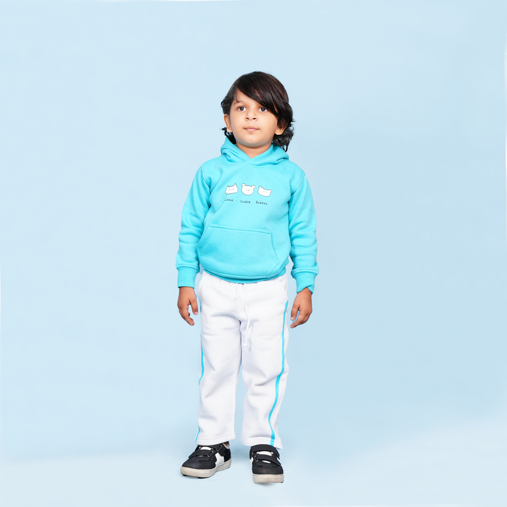Cuddle Buddies Fleece Set – Aqua Hoodie & White Trouser