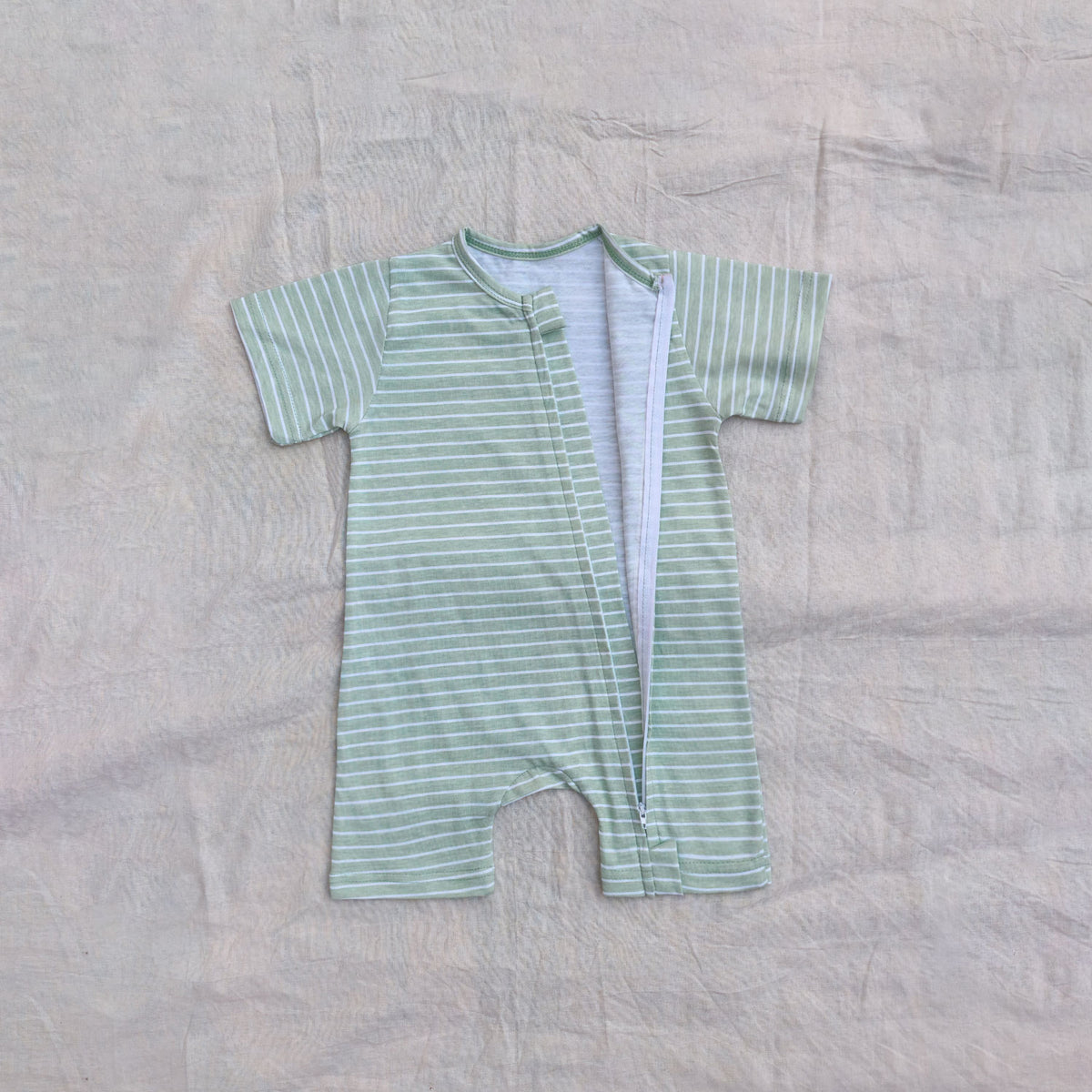 Green Strip Cotton Zip Half Romper