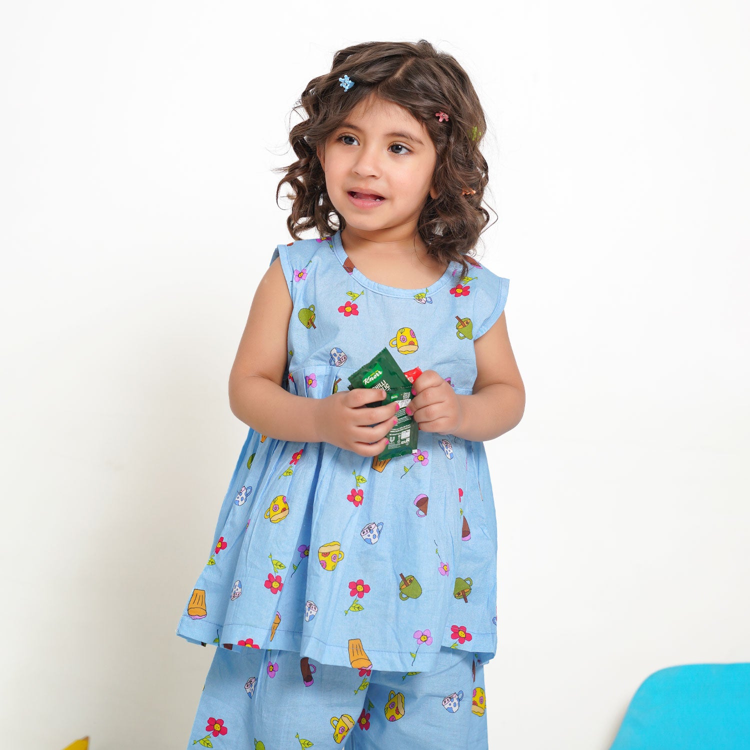 Blue Printed Top with Matching Capri Culotte Pants