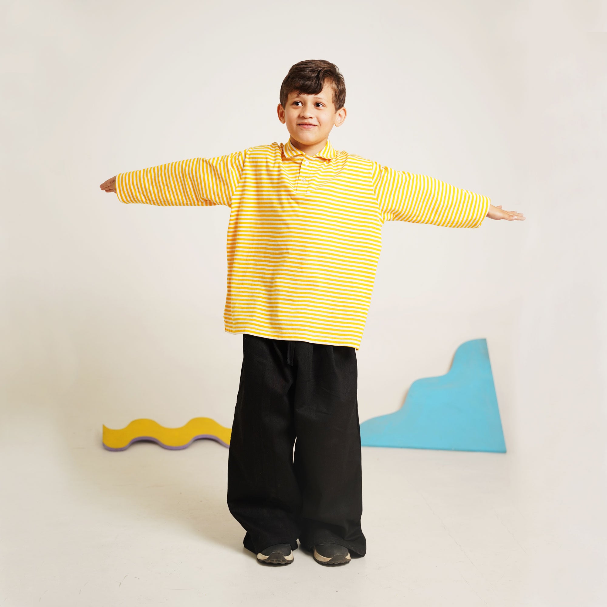 Yellow & Black Striped Co-Ord Set – Polo Shirt & Wide-Leg Trouser