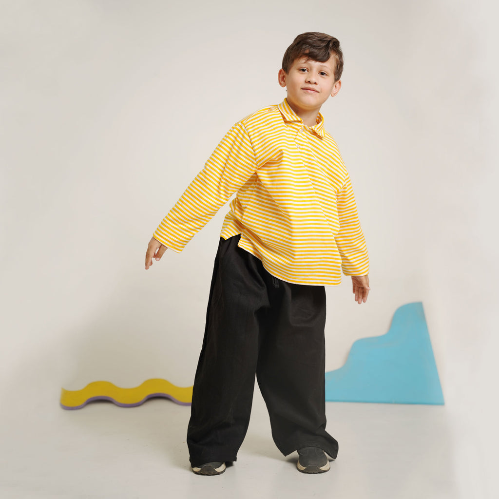 Yellow & Black Striped Co-Ord Set – Polo Shirt & Wide-Leg Trouser