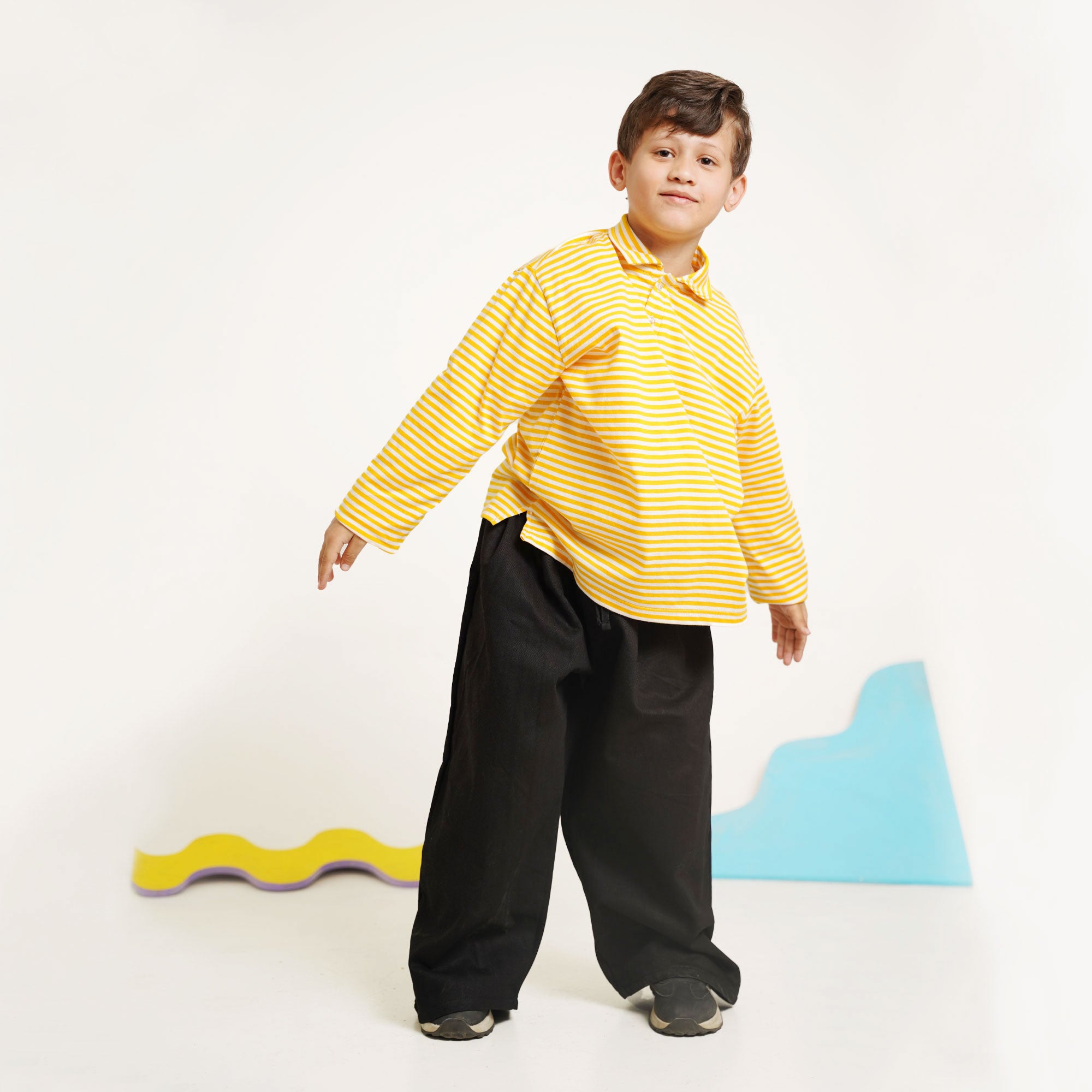 Yellow & Black Striped Co-Ord Set – Polo Shirt & Wide-Leg Trouser