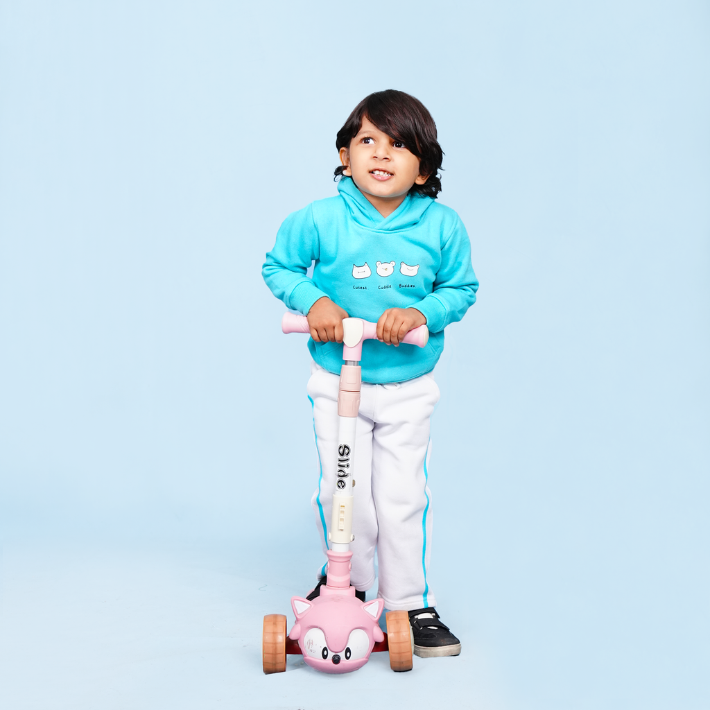 Cuddle Buddies Fleece Set – Aqua Hoodie & White Trouser