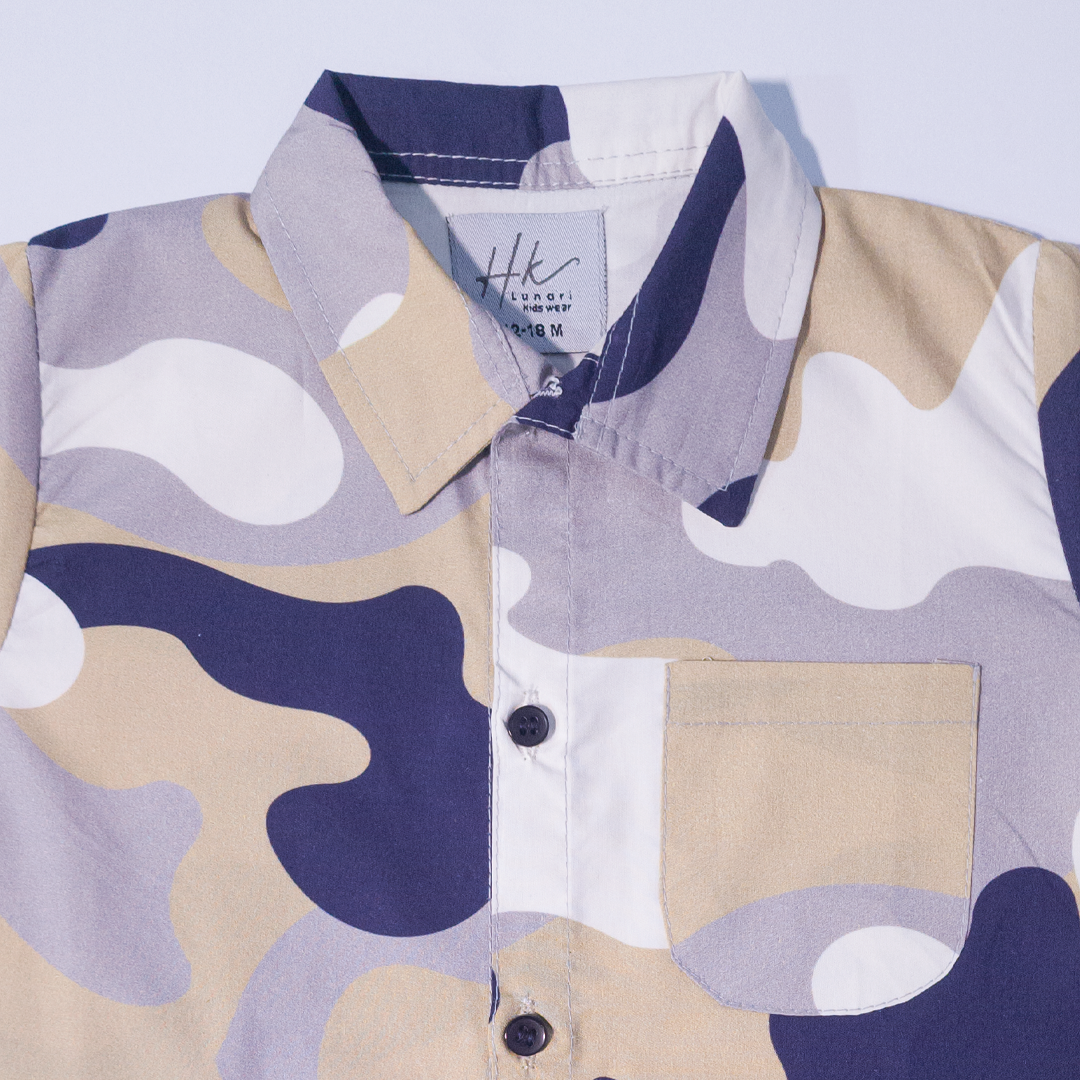 Boys beige navy camo shirt and shorts cotton set