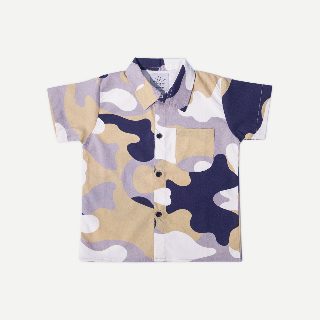 Boys beige navy camo shirt and shorts cotton set