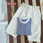 Navy Stripe Top with White Cotton Pants