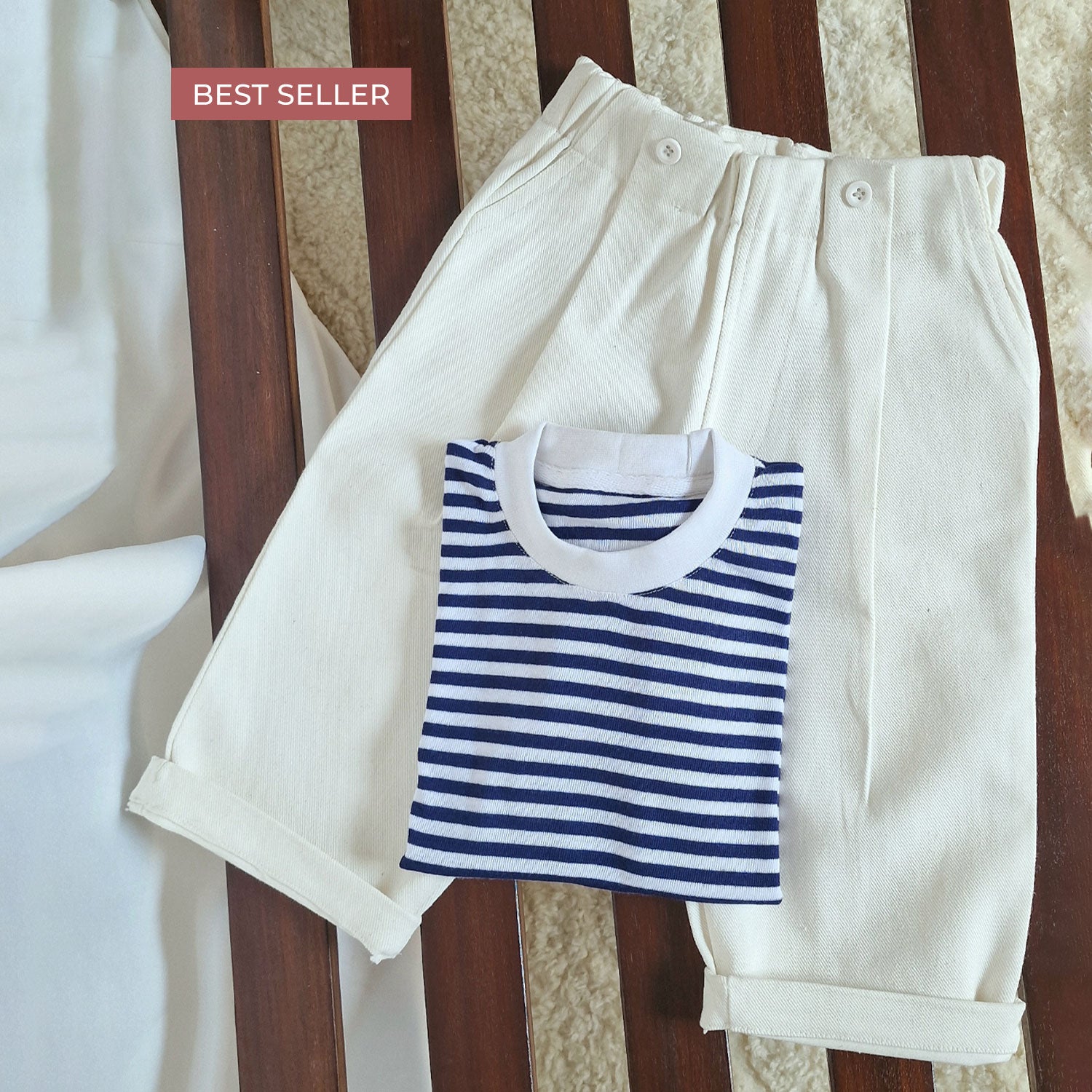 Navy Stripe Top with White Cotton Pants