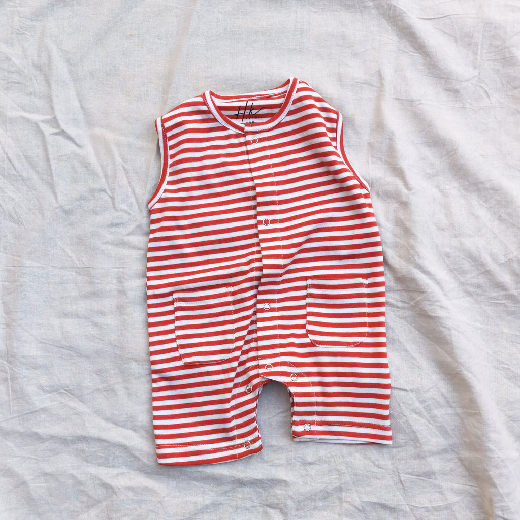 Classic Striped Burgundy Sleeveless Romper - Cotton