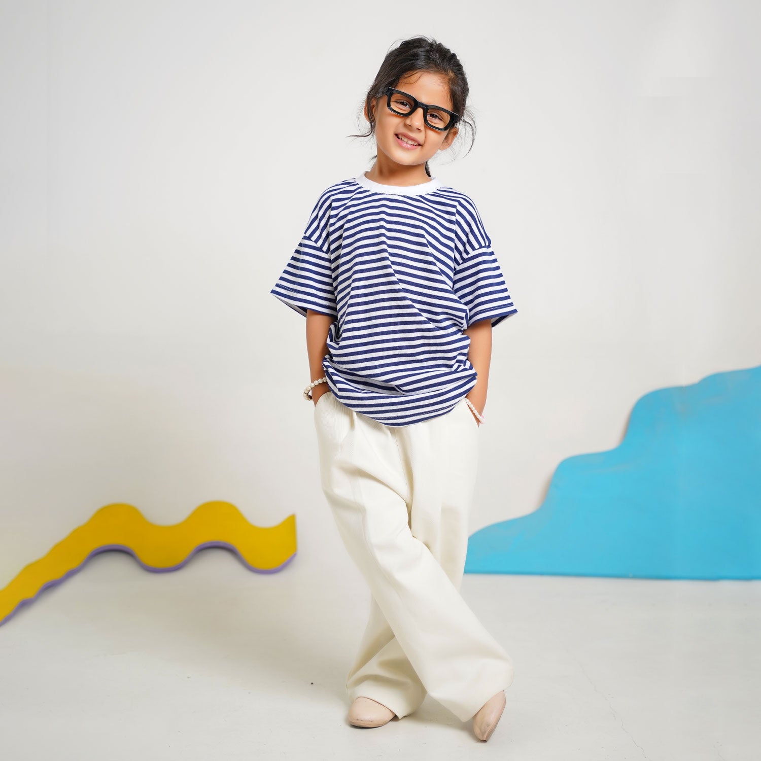 Navy Stripe Top with White Cotton Pants