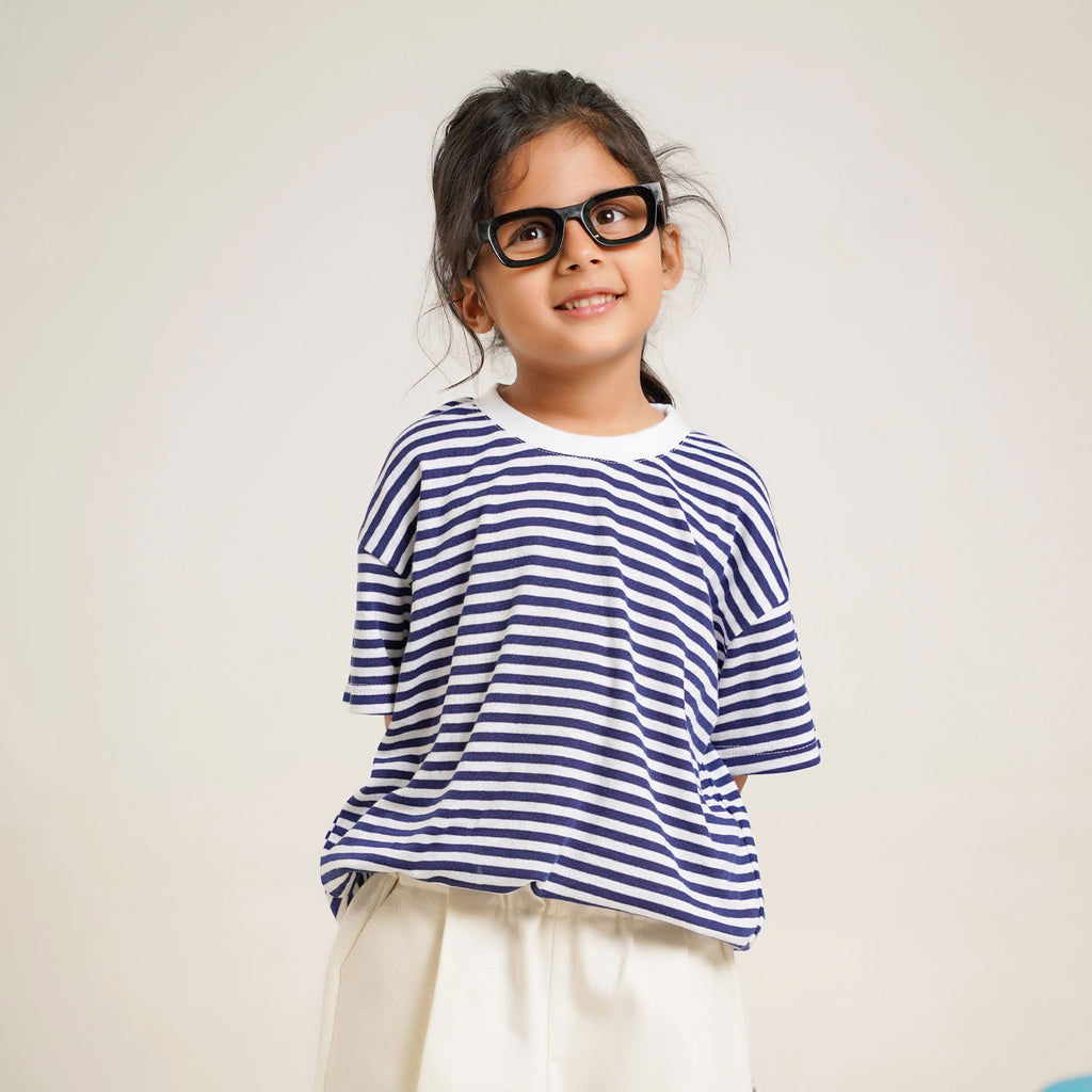 Navy Stripe Top with White Cotton Pants