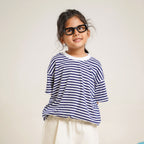 Navy Stripe Top with White Cotton Pants