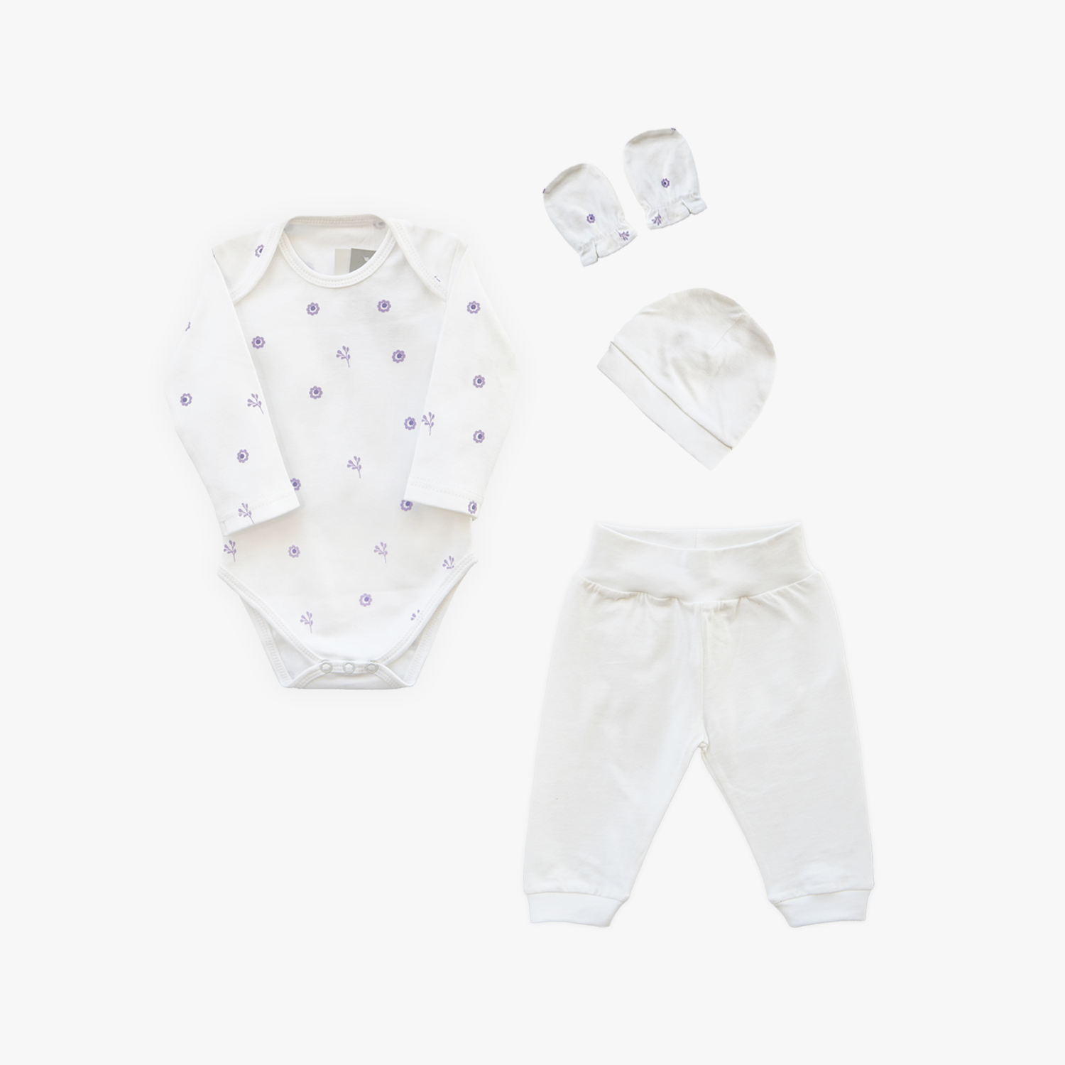 Newborn Gift Set – Lilac Flower (4-Piece Cotton Set)