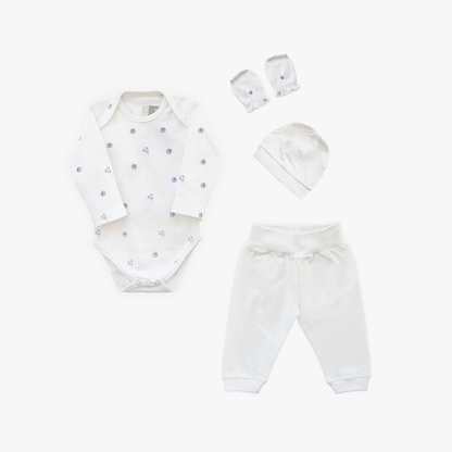 Newborn Gift Set – Lilac Flower (4-Piece Cotton Set)