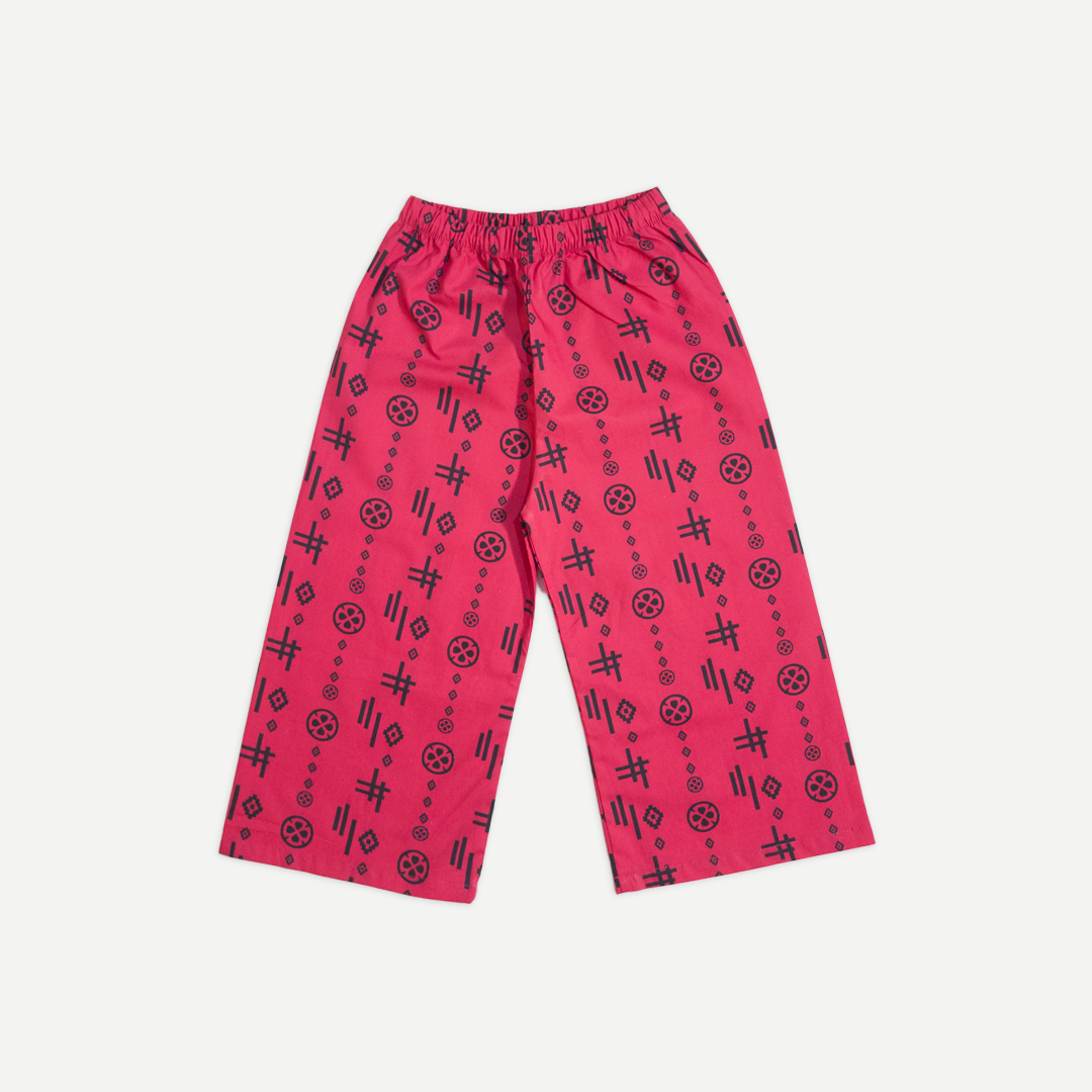 Matching blush pink cotton pants for girls co-ord set with black pattern