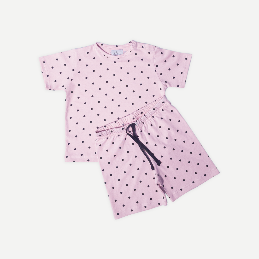 Girls light pink cotton polka dot tee and skirt set