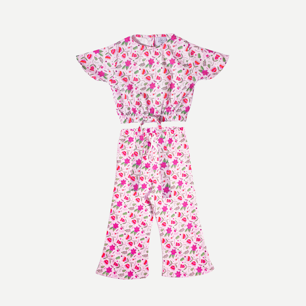 Pink Petal Summer Co-ord Set – Girls Cotton Top & Trouser