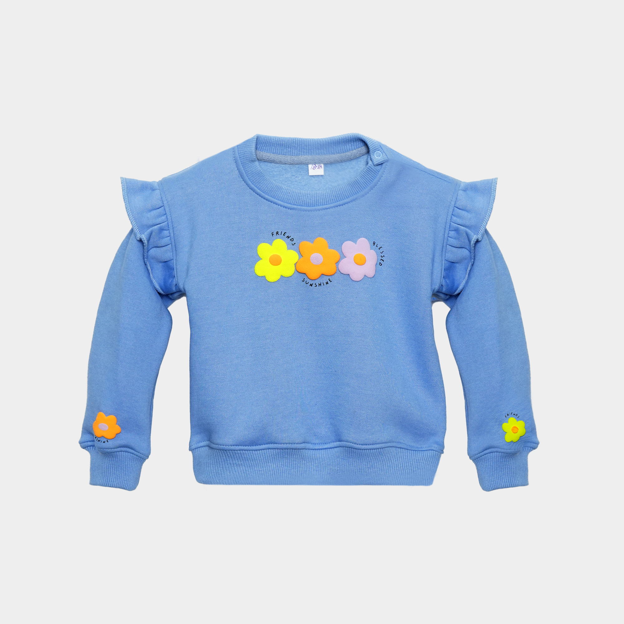 Bloom Blue Fleece Set – Puff Print Ruffle Sweatshirt & Bell-Bottom Trouser