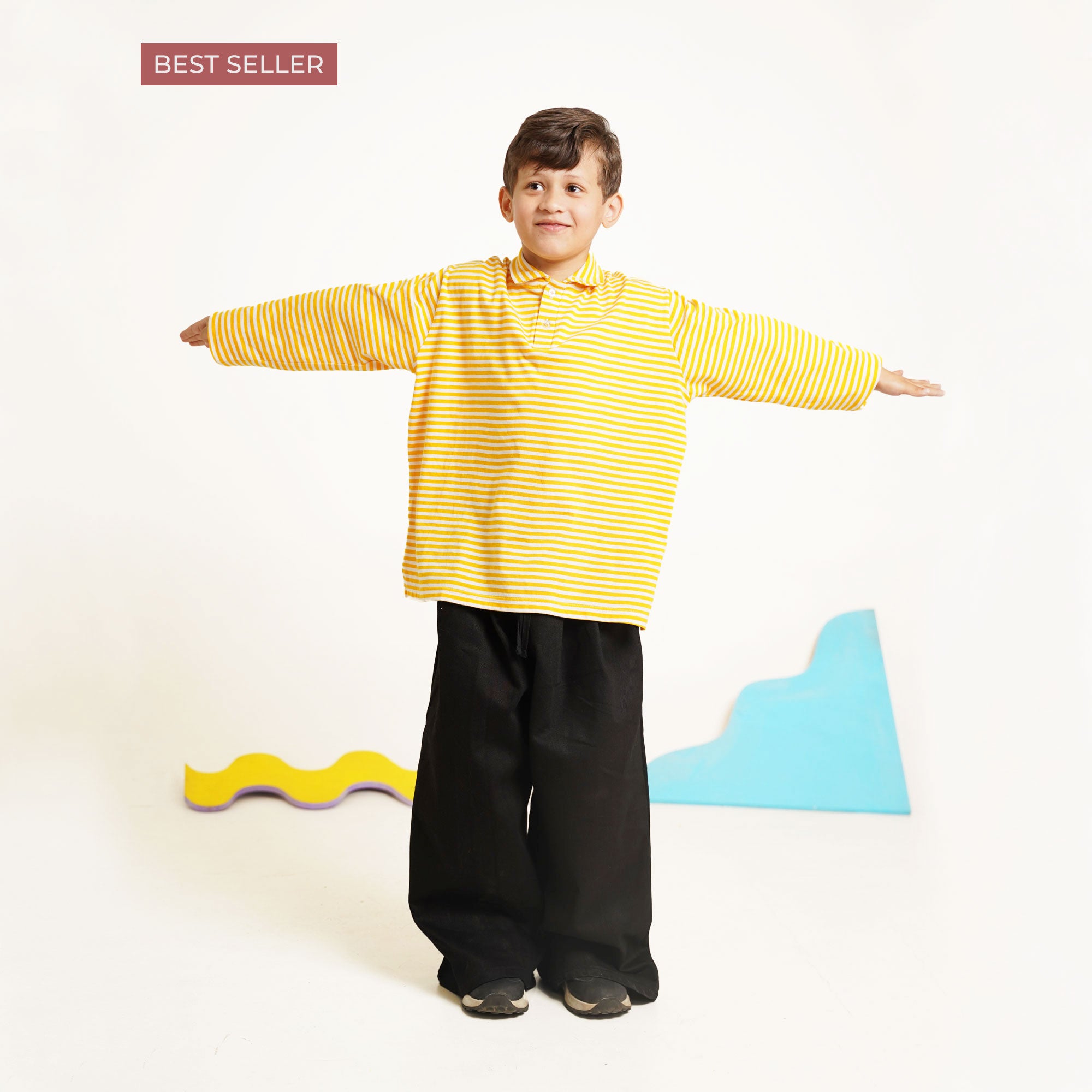 Yellow & Black Striped Co-Ord Set – Polo Shirt & Wide-Leg Trouser