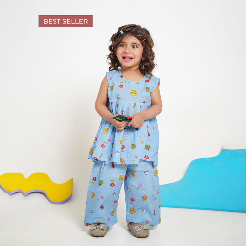 Blue Printed Top with Matching Capri Culotte Pants