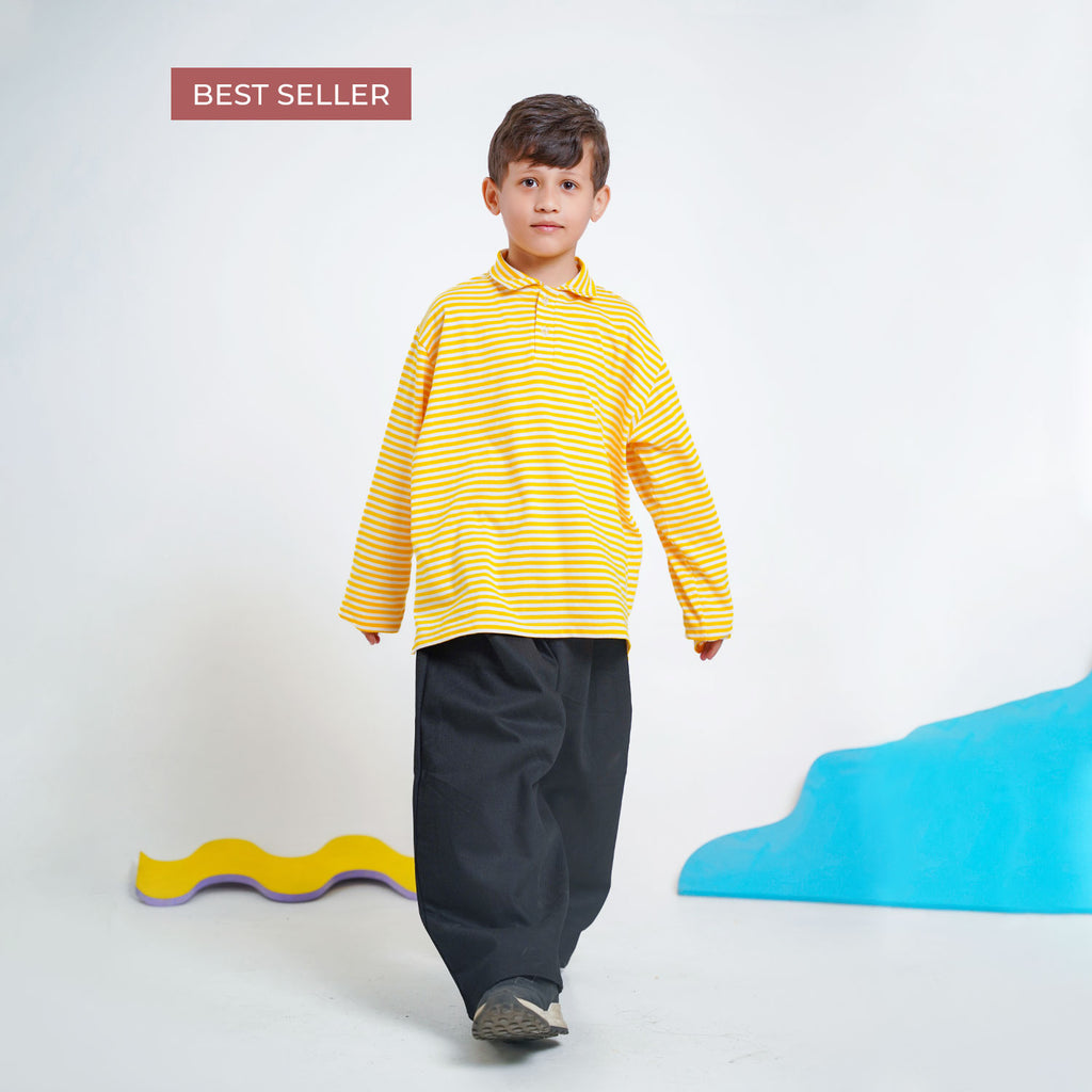 Yellow & Black Striped Co-Ord Set – Polo Shirt & Wide-Leg Trouser