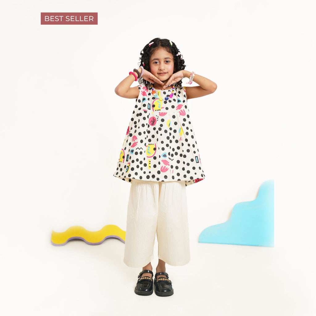 Polka Print Top with Cream Culotte Capri Pants