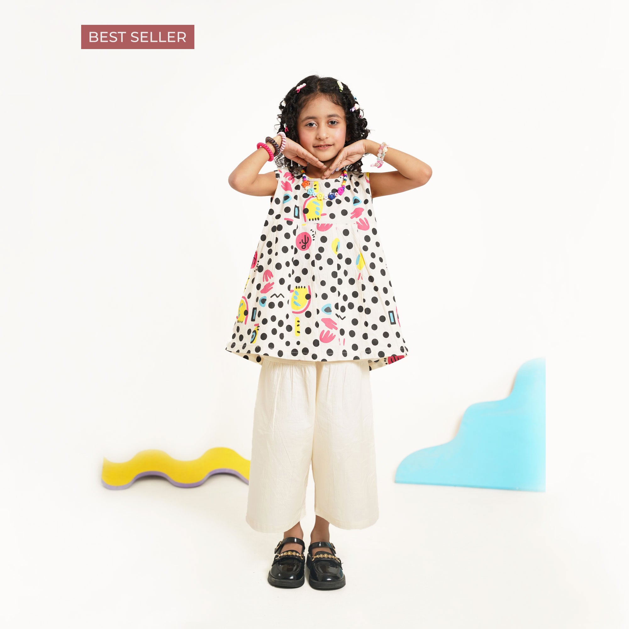 Polka Print Top with Cream Culotte Capri Pants