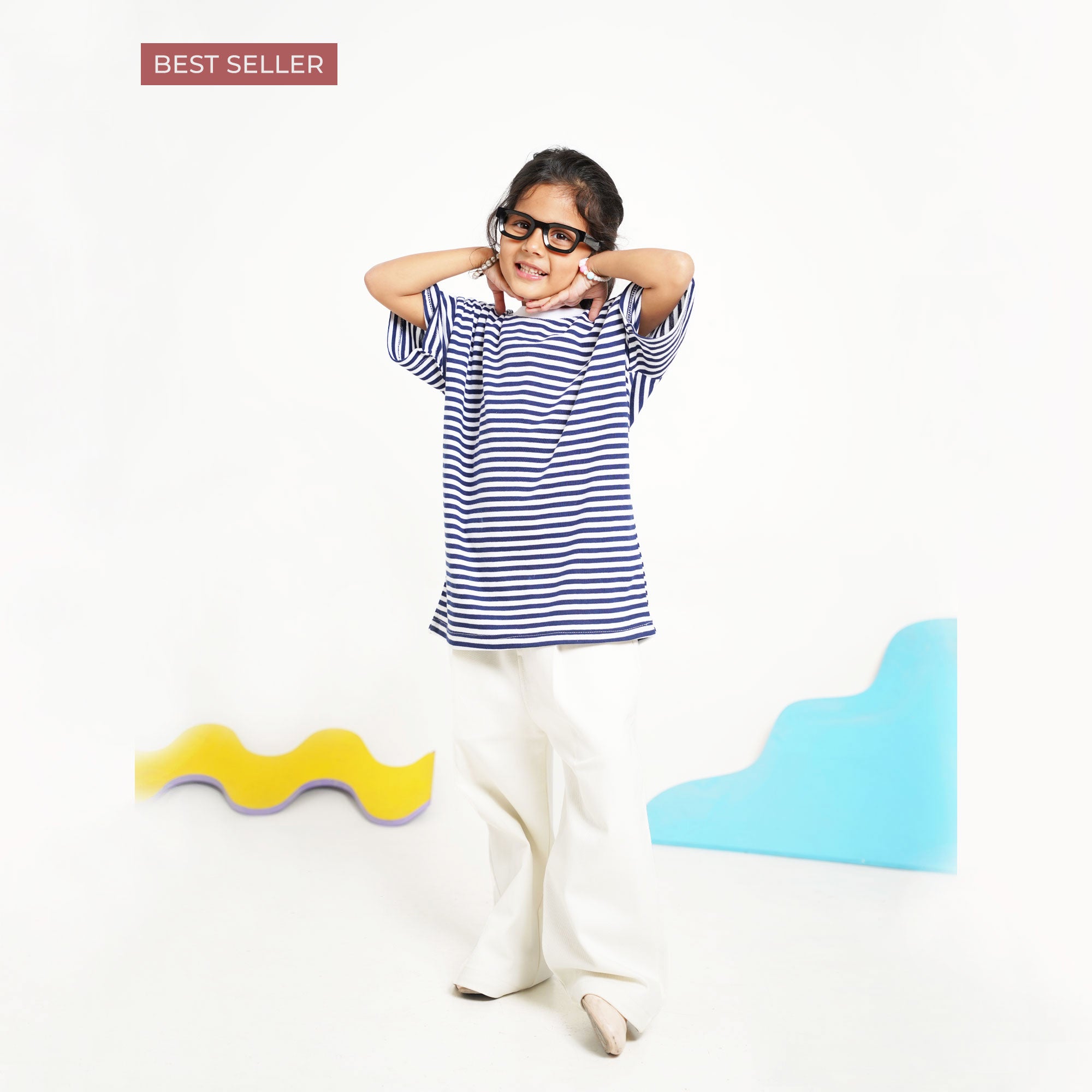 Navy Stripe Top with White Cotton Pants