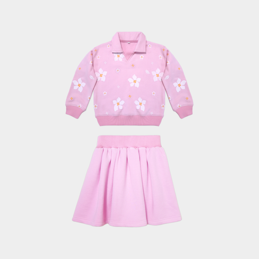 Soft Pink Floral Sweatshirt & Skirt Set