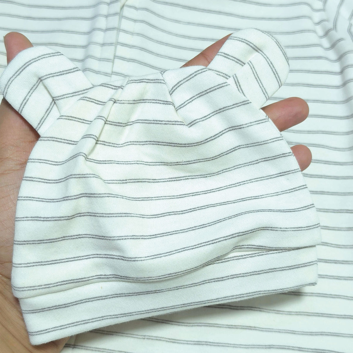 Soft Cotton Baby Footie , Cap Set — Gray Strip
