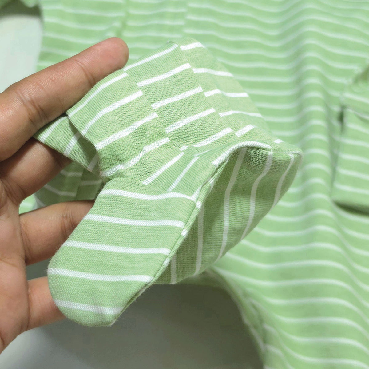 Soft Cotton Baby Footie , Cap Set — Green Strip