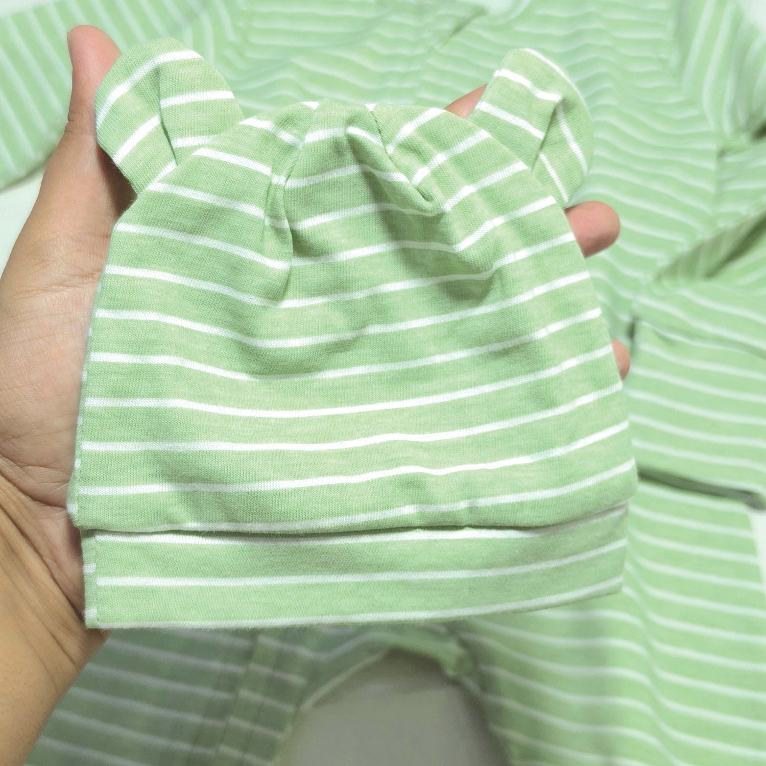 Soft Cotton Baby Footie , Cap Set — Green Strip