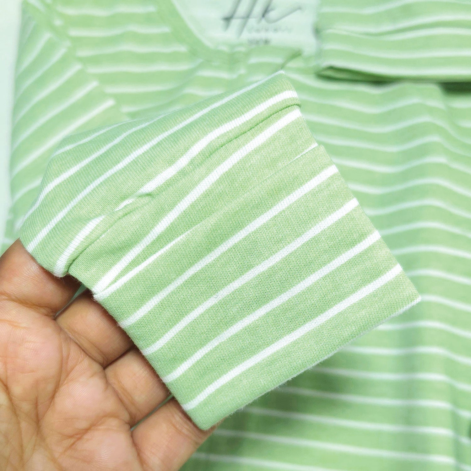 Soft Cotton Baby Footie , Cap Set — Green Strip