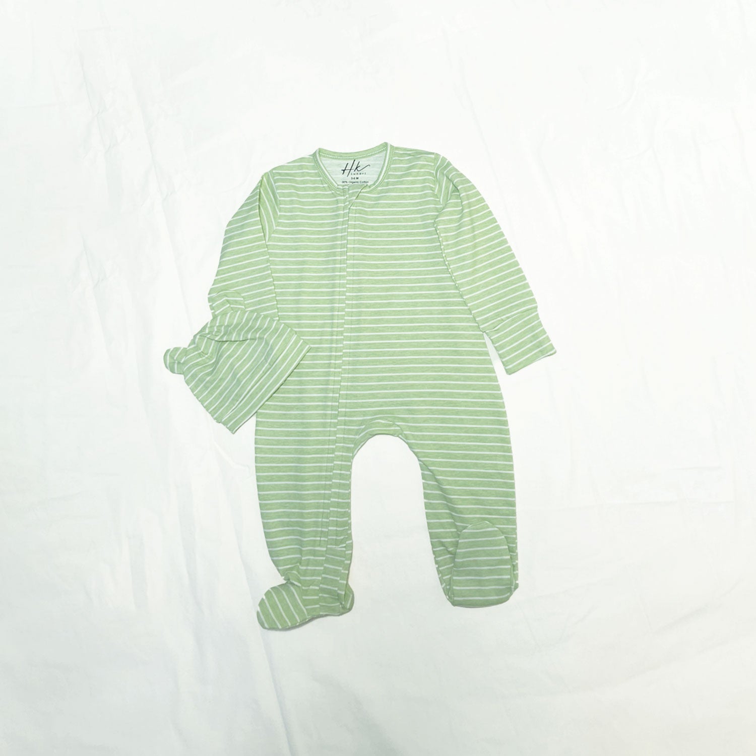 Soft Cotton Baby Footie , Cap Set — Green Strip