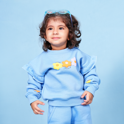 Bloom Blue Fleece Set – Puff Print Ruffle Sweatshirt & Bell-Bottom Trouser