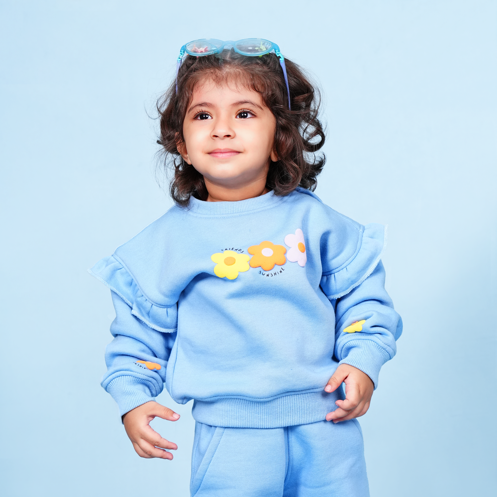 Bloom Blue Fleece Set – Puff Print Ruffle Sweatshirt & Bell-Bottom Trouser