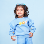 Bloom Blue Fleece Set – Puff Print Ruffle Sweatshirt & Bell-Bottom Trouser