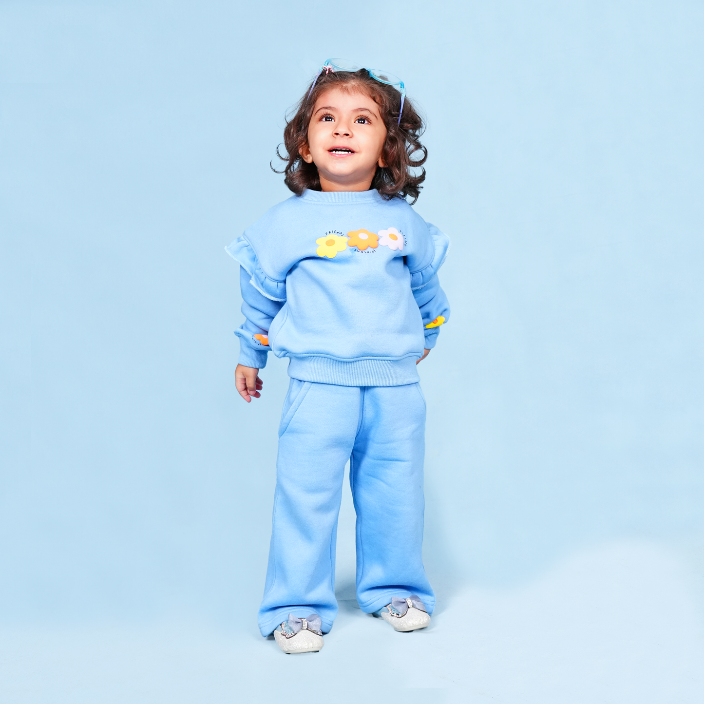 Bloom Blue Fleece Set – Puff Print Ruffle Sweatshirt & Bell-Bottom Trouser