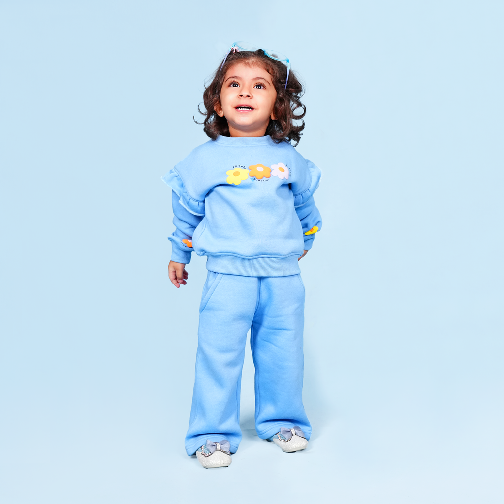 Bloom Blue Fleece Set – Puff Print Ruffle Sweatshirt & Bell-Bottom Trouser