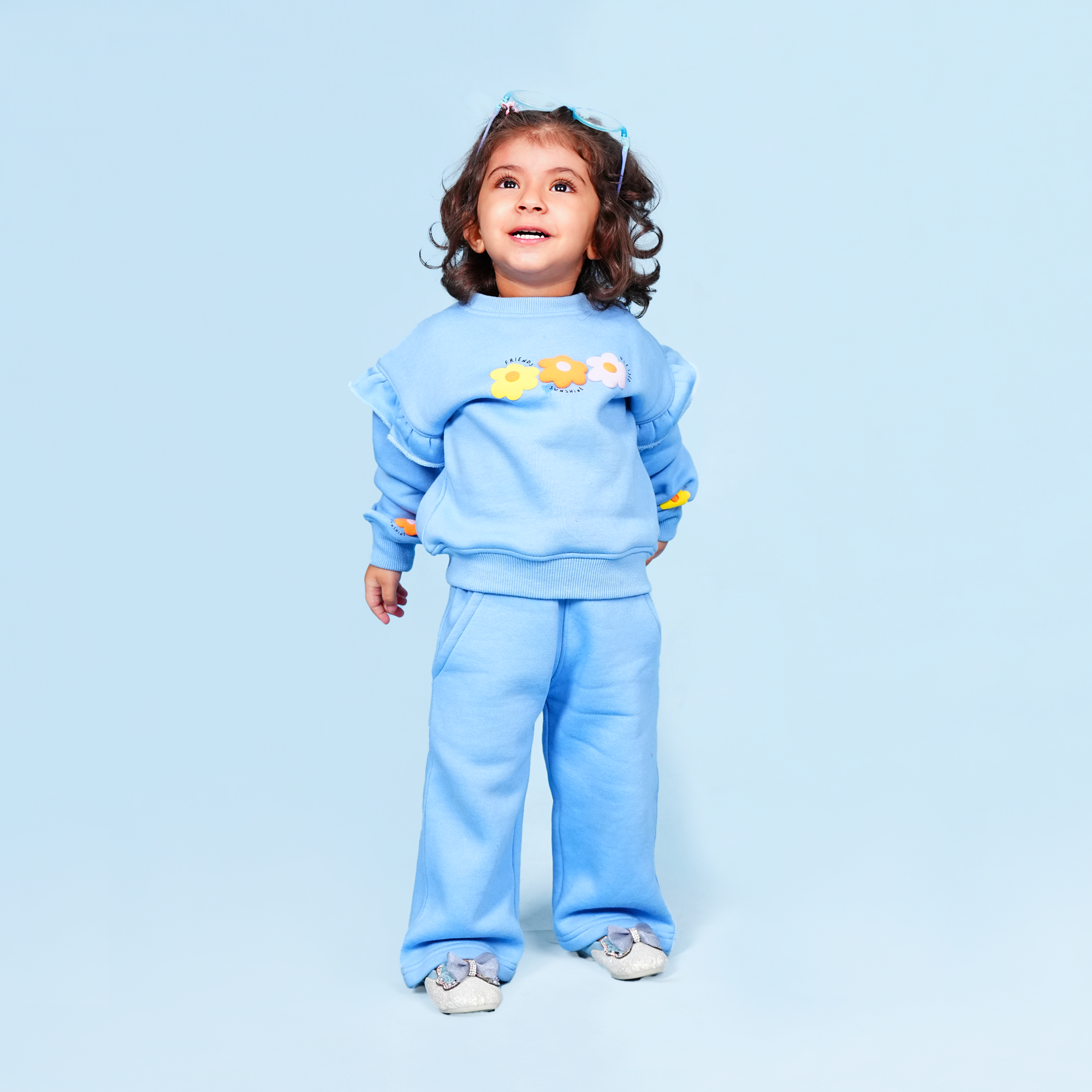 Bloom Blue Fleece Set – Puff Print Ruffle Sweatshirt & Bell-Bottom Trouser