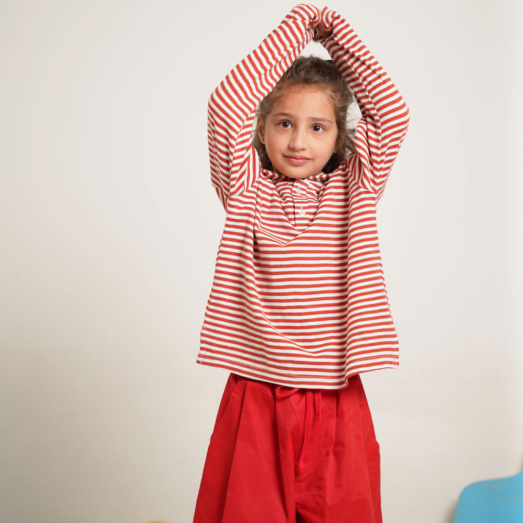 Burgundy Striped Co-Ord Set – Polo Shirt & Wide-Leg Trouser