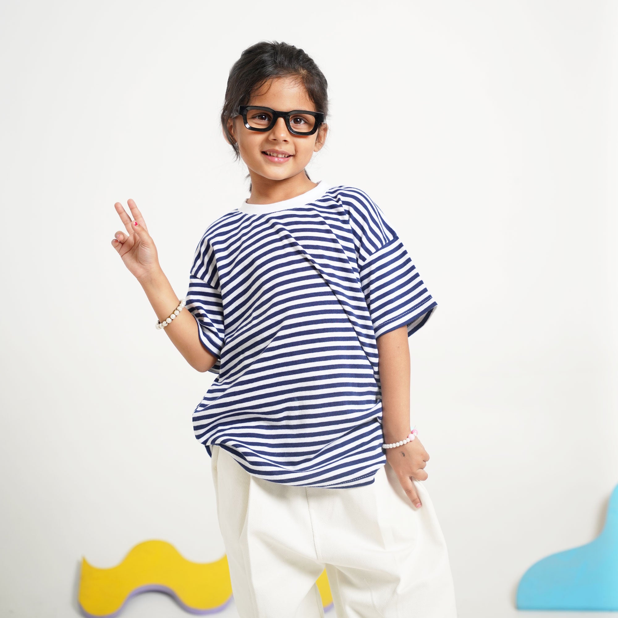 Navy Stripe Top with White Cotton Pants