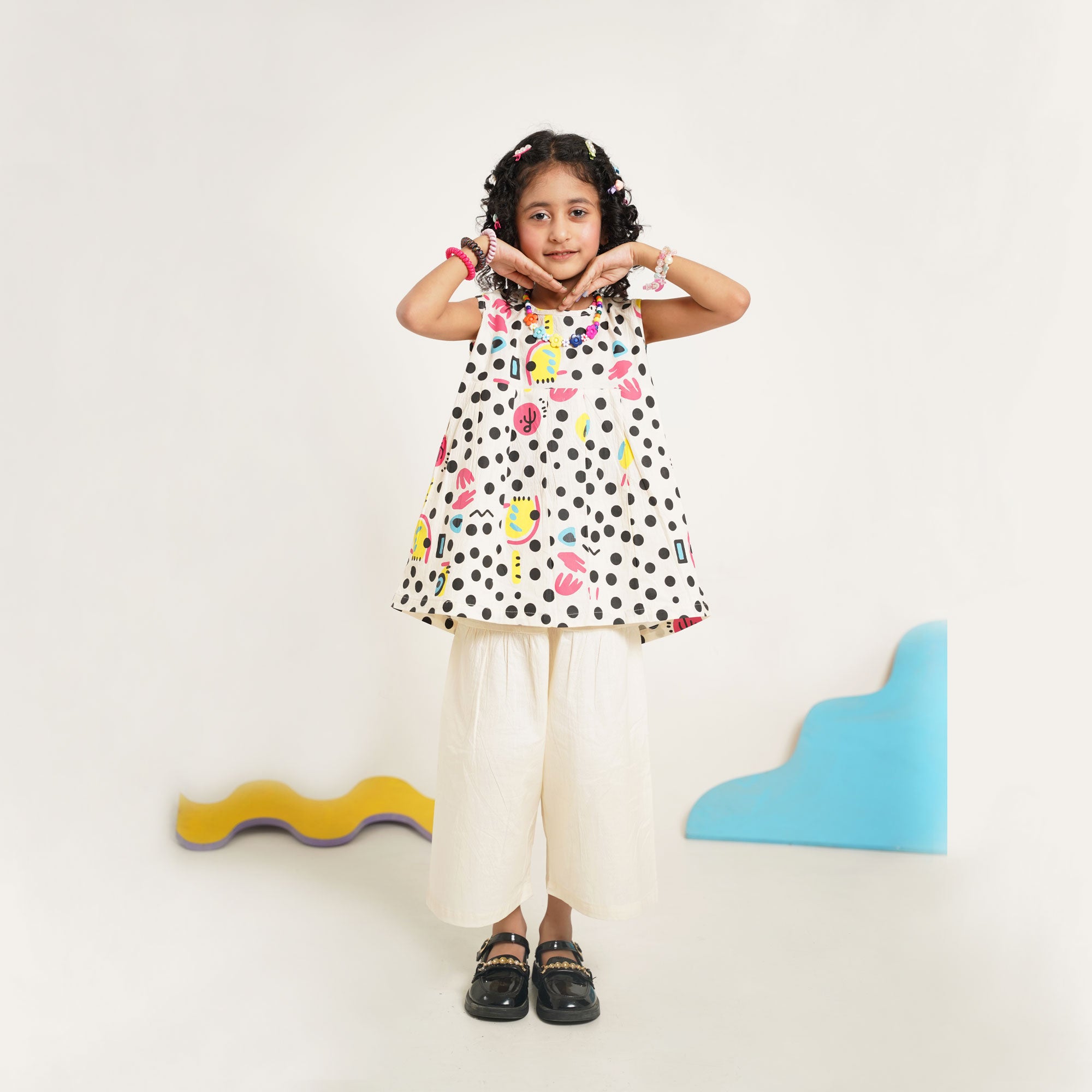 Polka Print Top with Cream Culotte Capri Pants